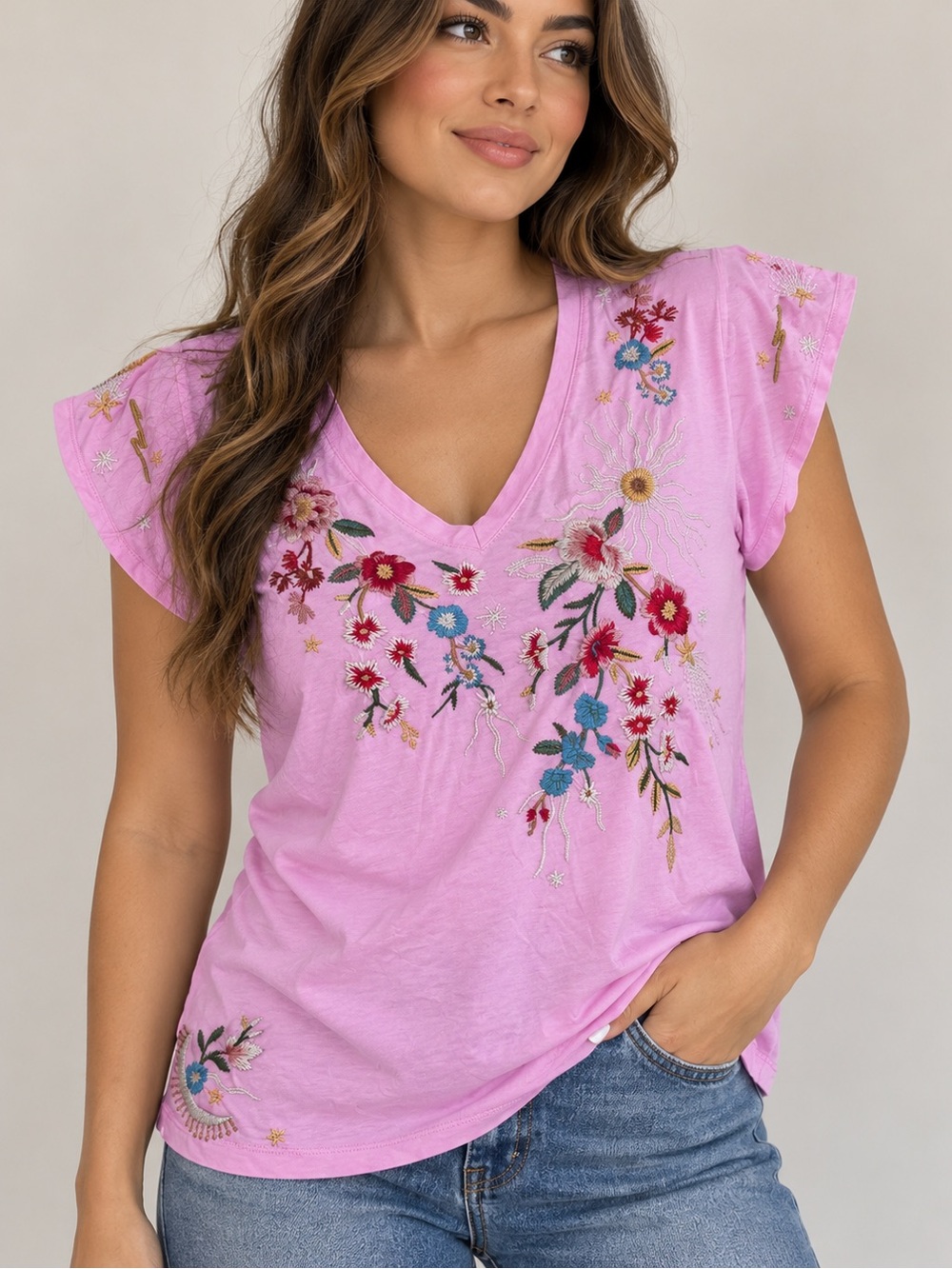 Johnny Was Pink Embroidered V-Neck Tee